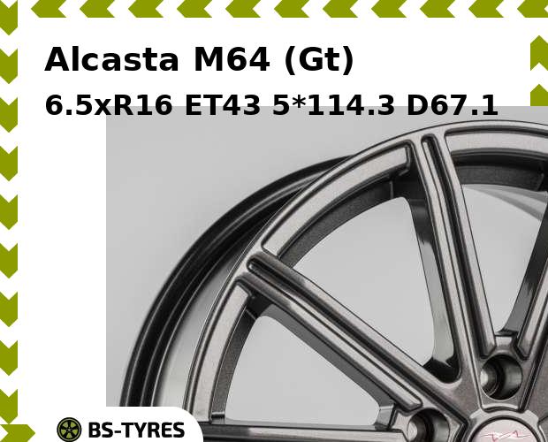 Колесный диск Alcasta, M64 (Gt) 6.5xR16 ET43 5*114.3 D67.1
Колесный диск Alcasta, M64 (Gt) 6.5xR16 ET43 5*114.3 D67.1