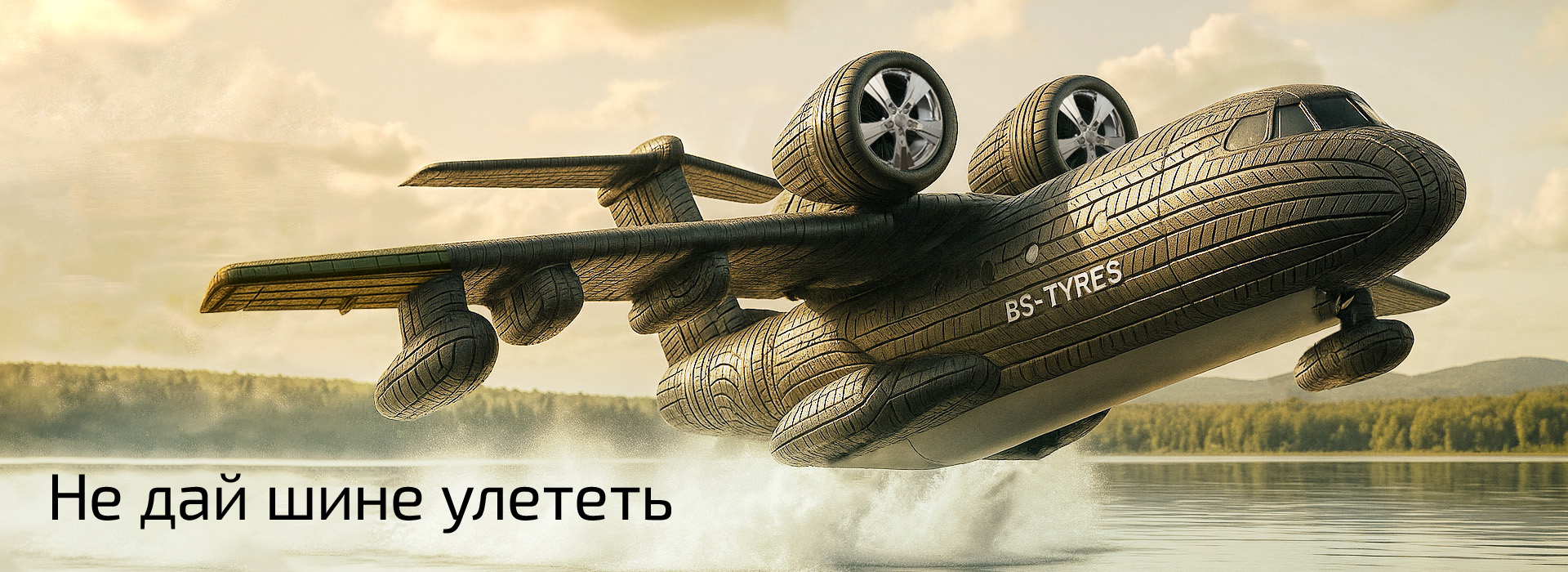 Шина-самолёт взлетает с поверхности озера